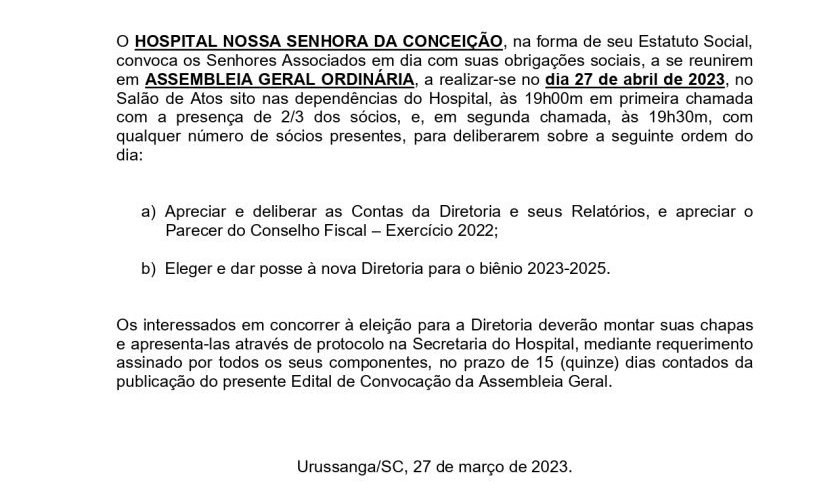 Hospital Nossa Senhora da Conceição realiza assembleia para prestação de contas 2022 e eleição da nova diretoria 2023/2025. Hospital Nossa Senhora da Conceição realiza assembleia para prestação de contas 2022 e eleição da nova diretoria 2023/2025.