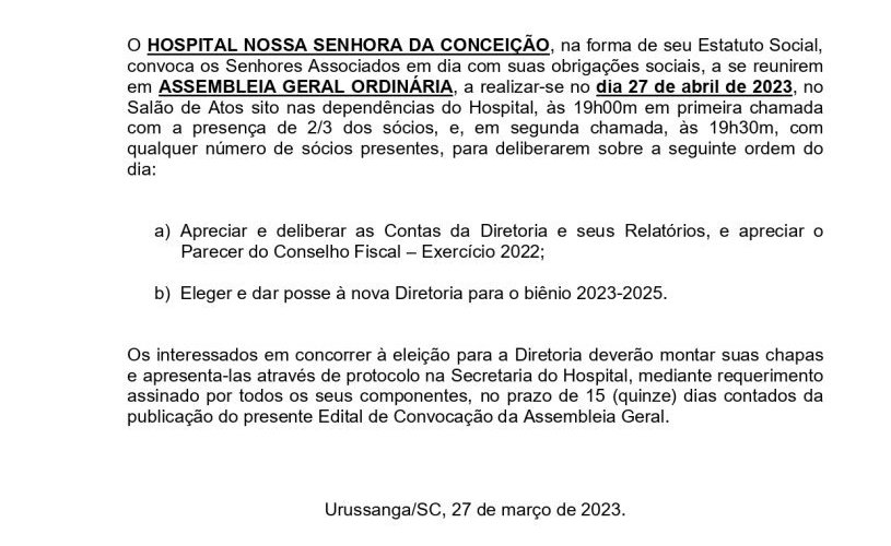 Hospital Nossa Senhora da Conceição realiza assembleia para prestação de contas 2022 e eleição da nova diretoria 2023/2025.